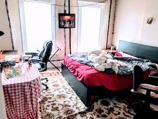 115 W 9th bedroom with bay windows and area rug