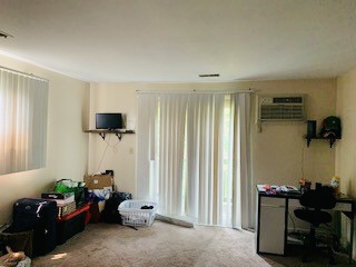 2026 Summit St. studio living area with sliding balcony doors, wall A/C, and neutral carpet