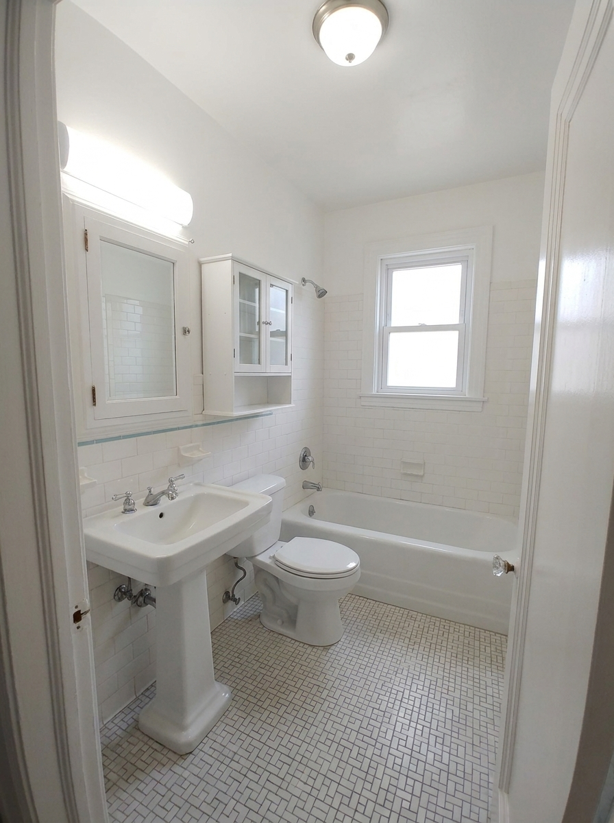 Unit C bright bathroom with pedestal sink, toilet, and tub