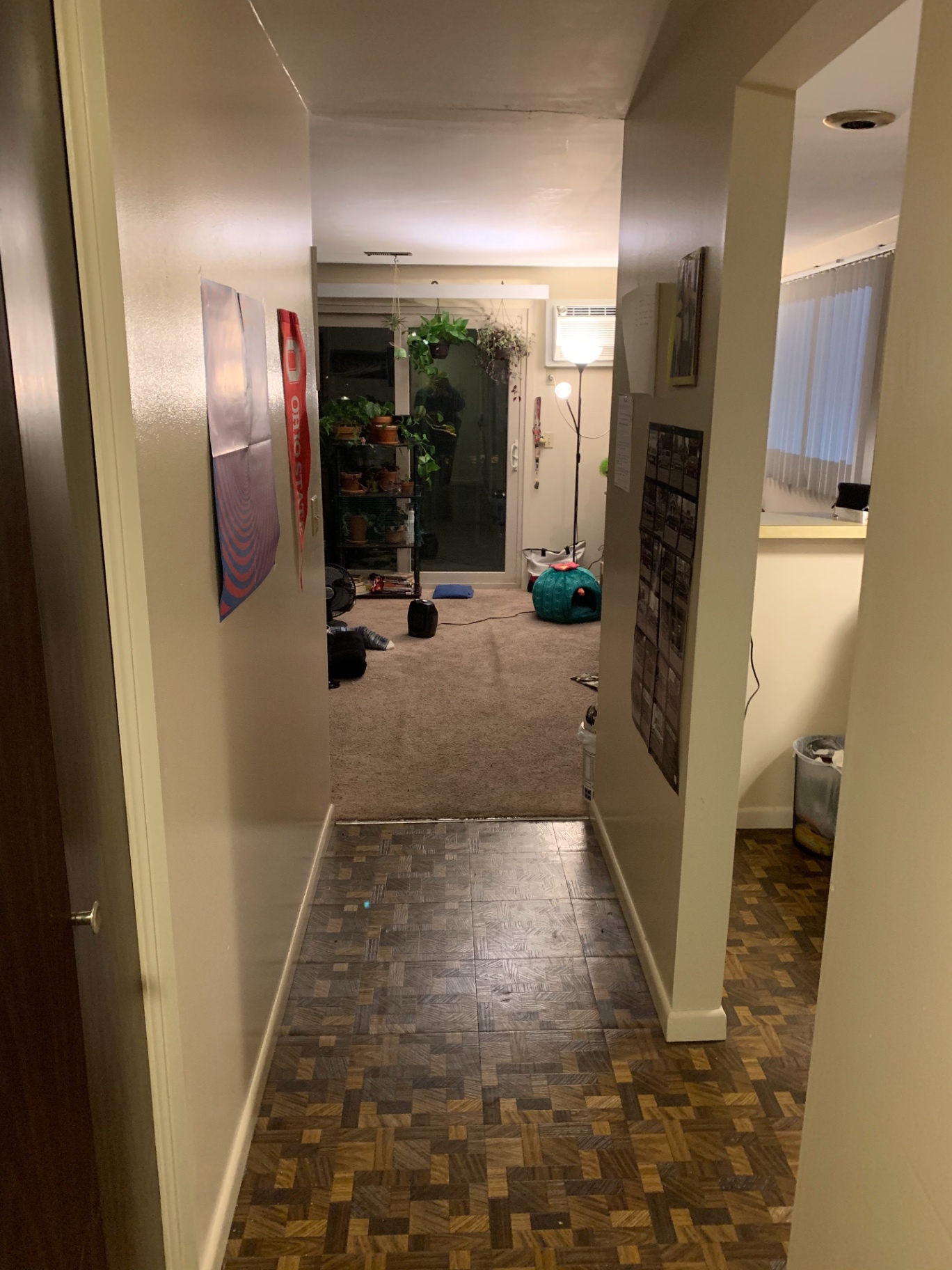2030 Summit St Unit 1 entry hall looking into carpeted living area with sliding glass doors to balcony
