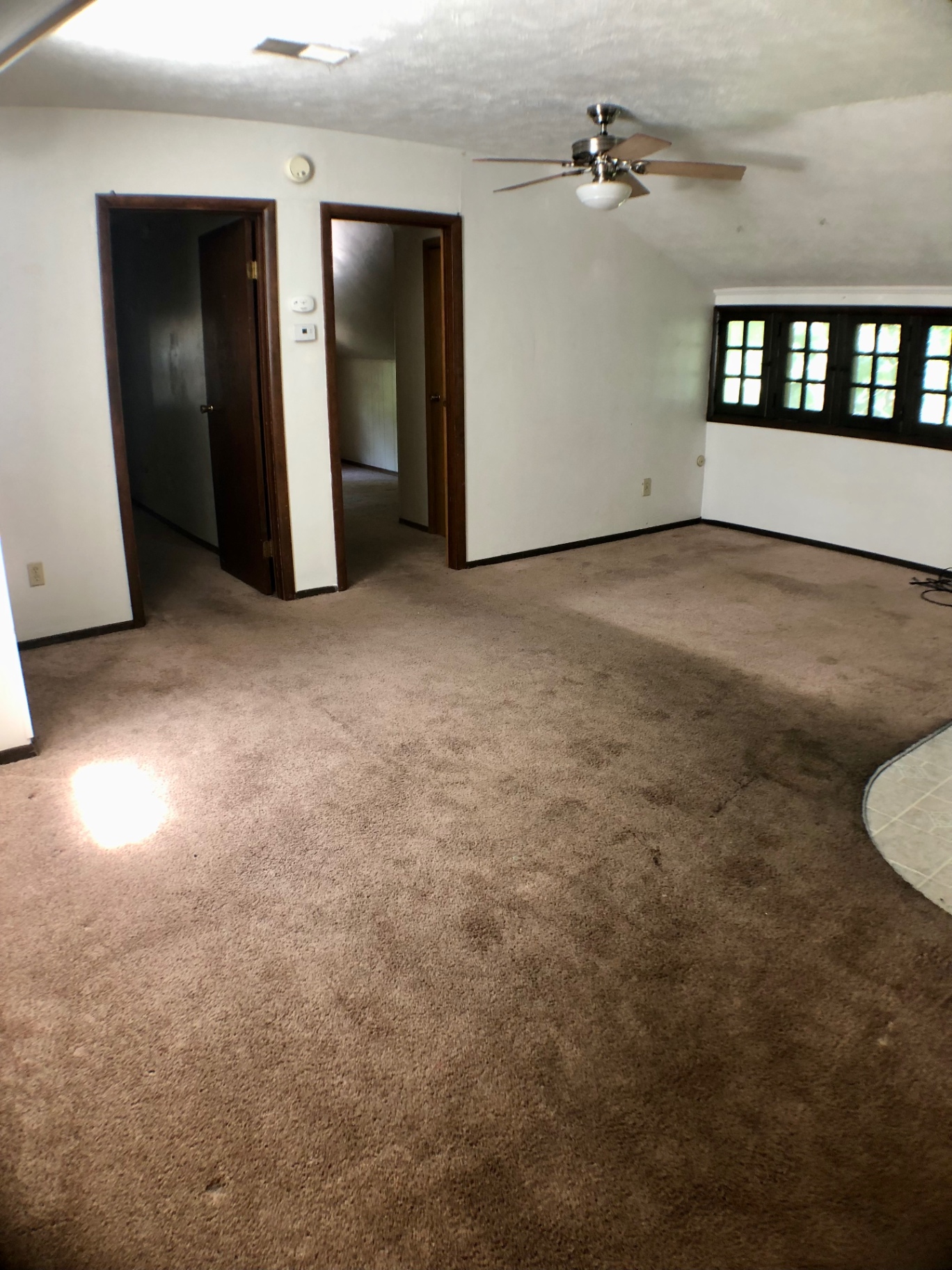 Wide open living room with ceiling fan, vaulted ceiling, and casement windows