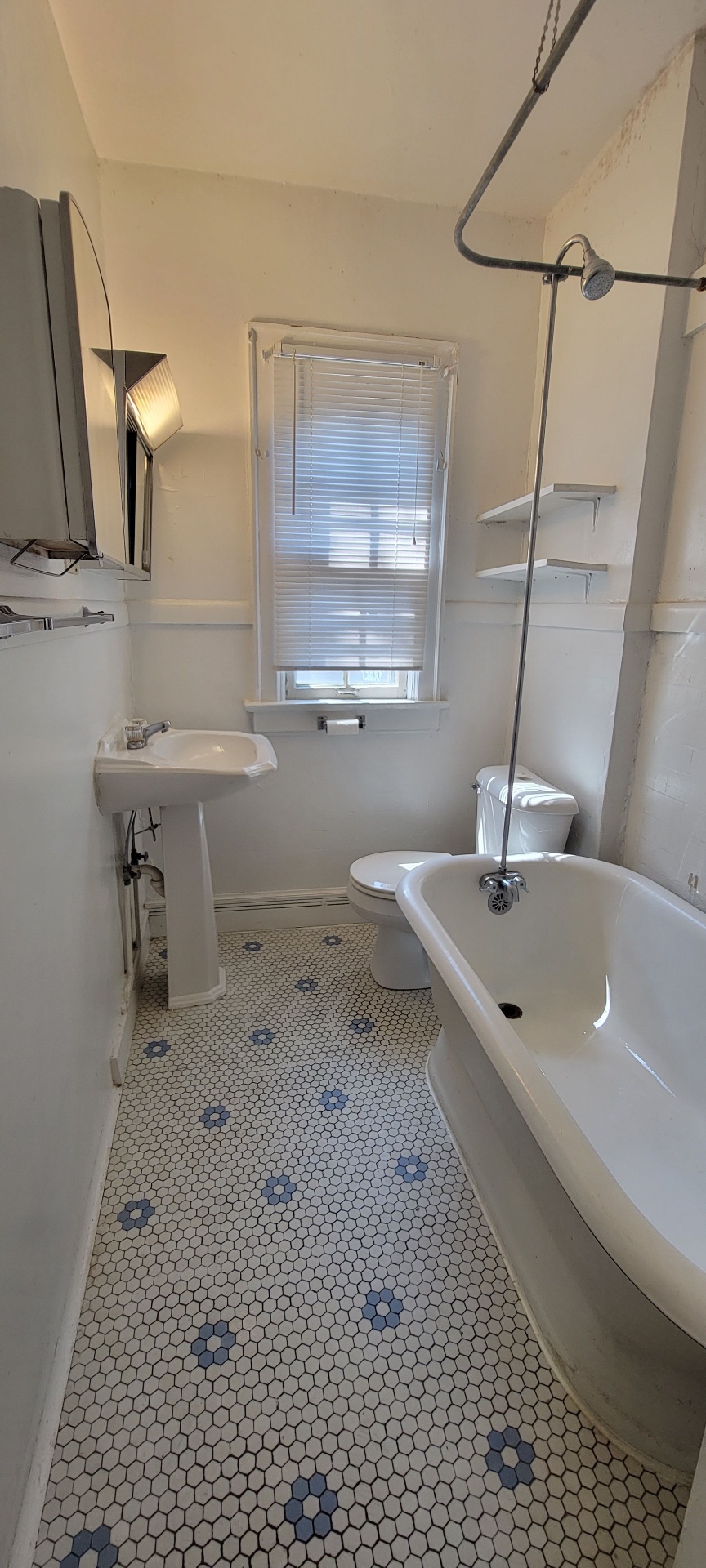 2044 Iuka Ave. D vintage bathroom with clawfoot tub, pedestal sink, and blue-flower hex tile floor