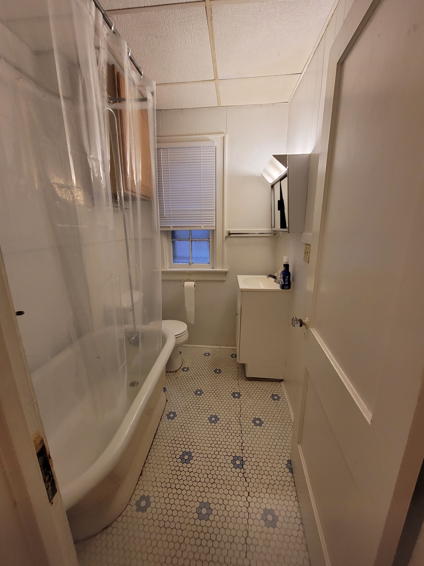 2048 Iuka Ave. B vintage bathroom with clawfoot tub and hex tile floor