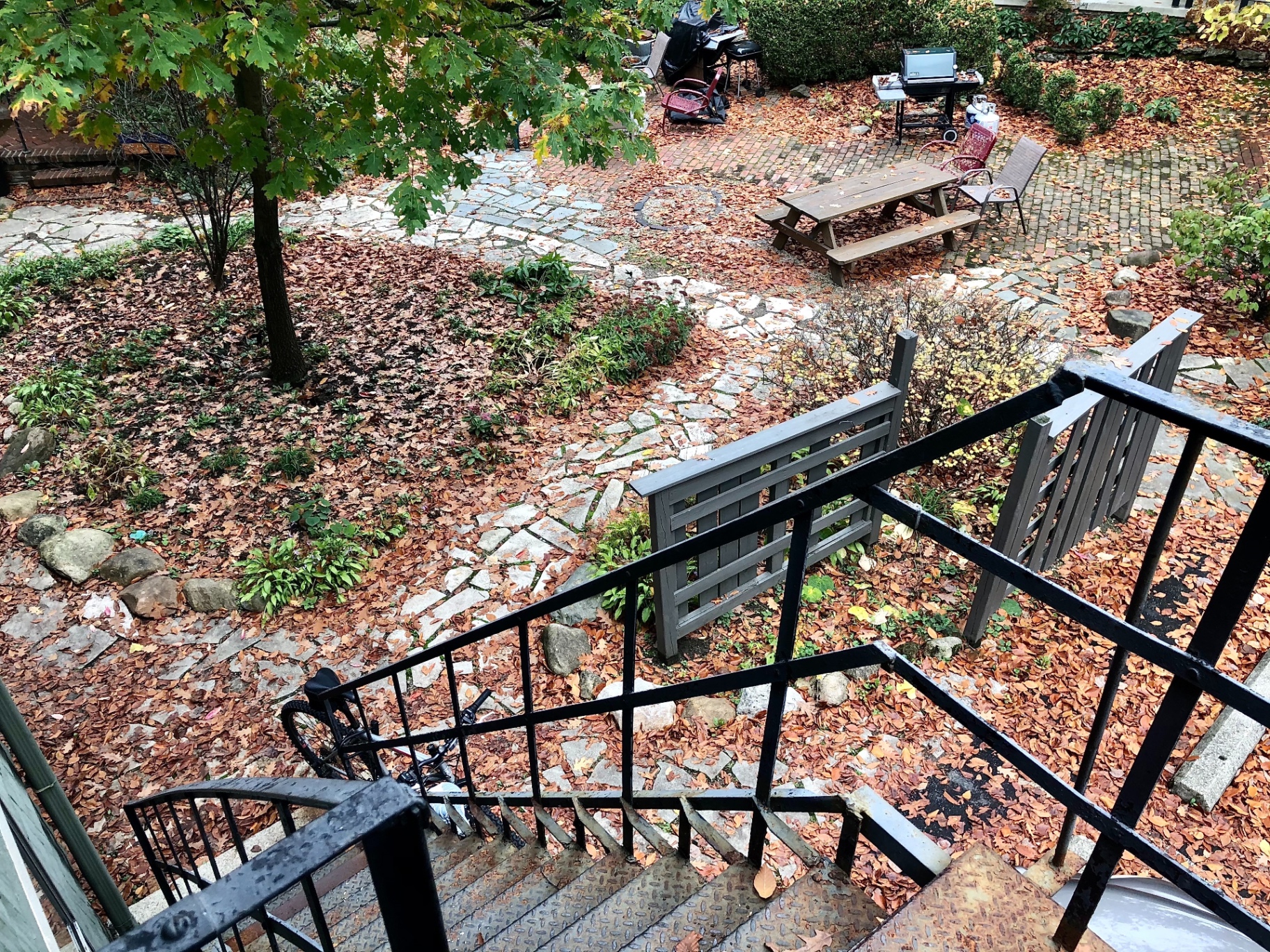 2026 Iuka Ave shared courtyard in autumn with picnic table and stone walkways covered in leaves