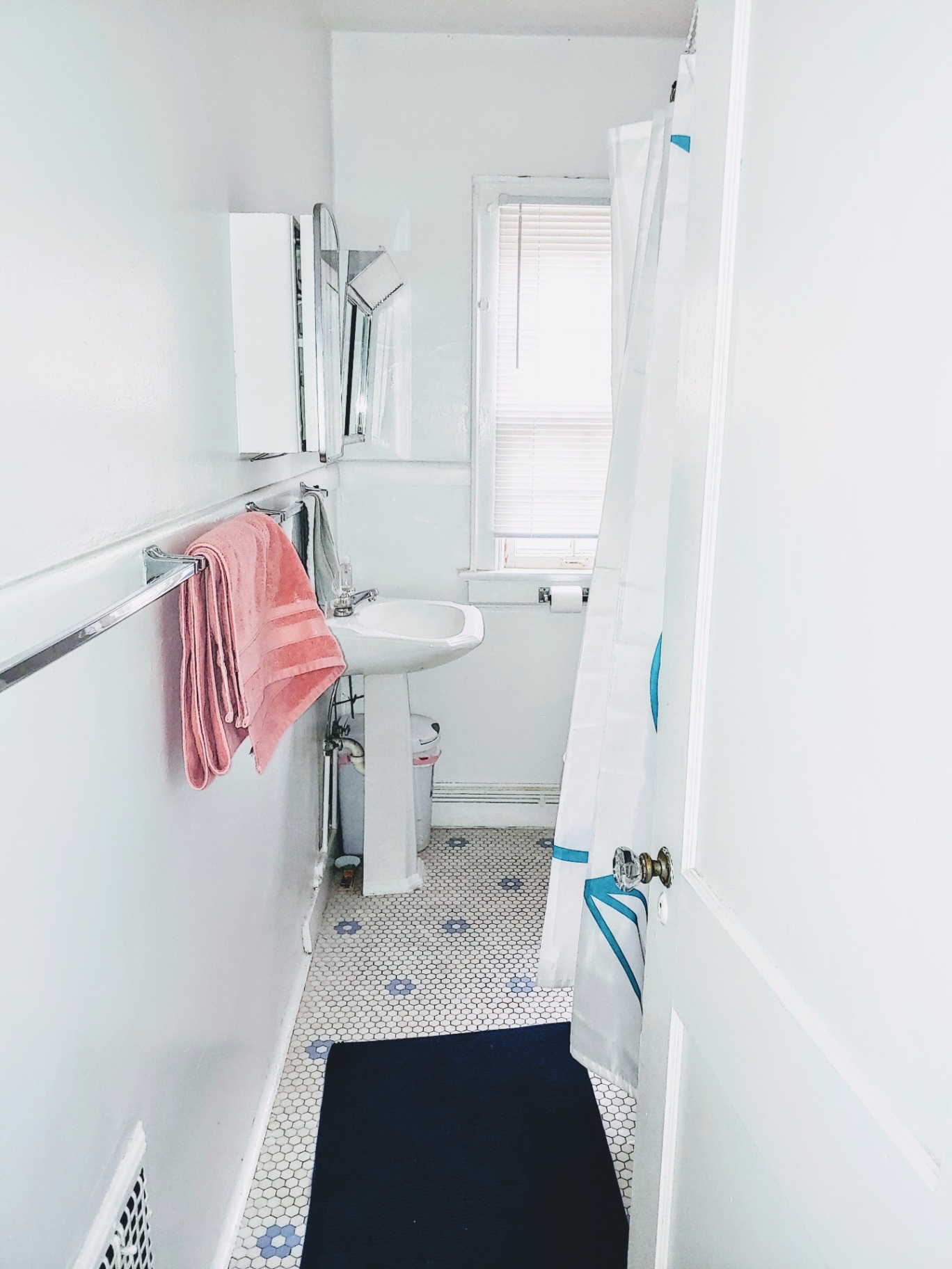 2044 Iuka Ave. D bright staged bathroom with pedestal sink, medicine cabinet, and hex tile floor