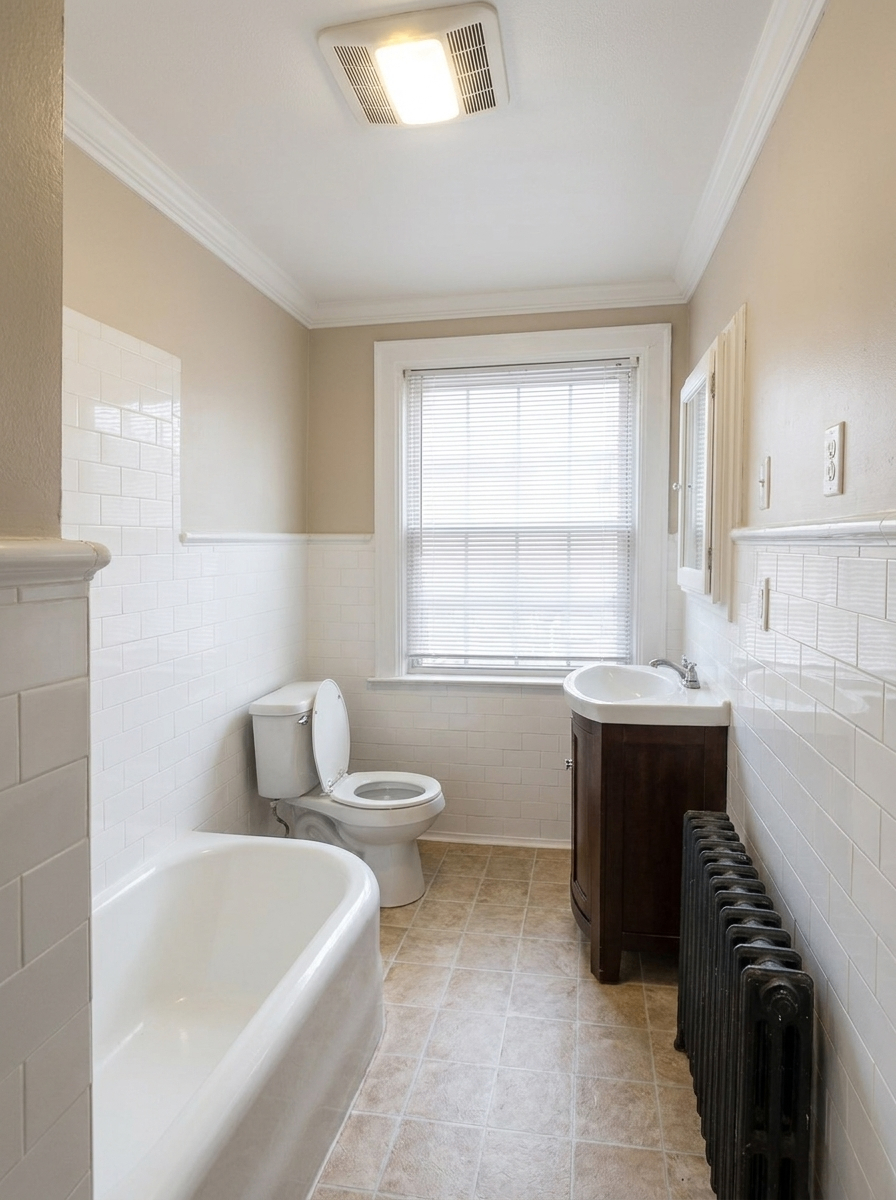 Unit C tiled bathroom with tub, vanity, and radiator