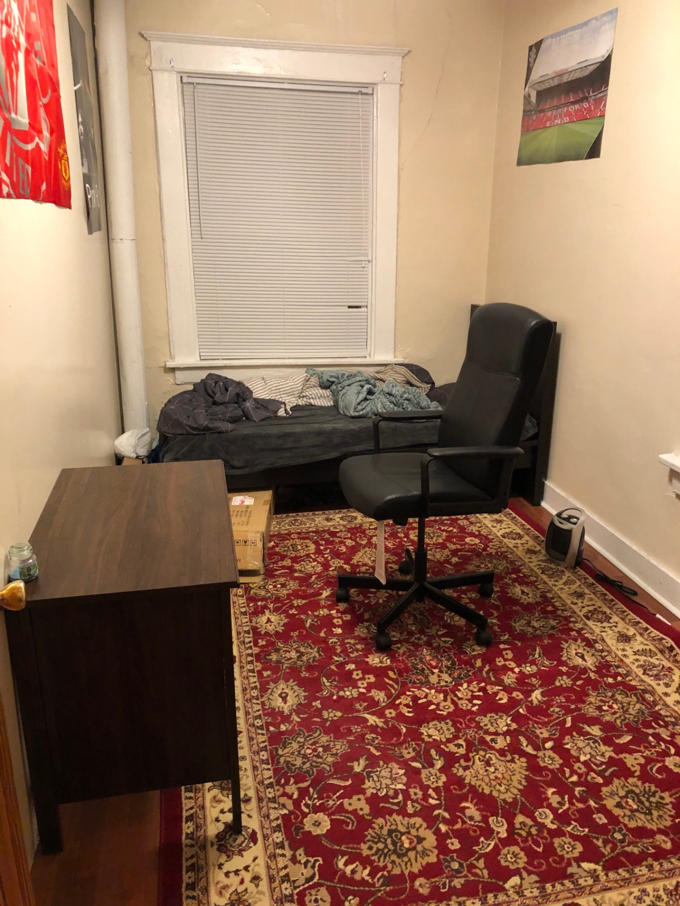 77 E Patterson Ave. narrow furnished bedroom with desk, hardwood floors, and window