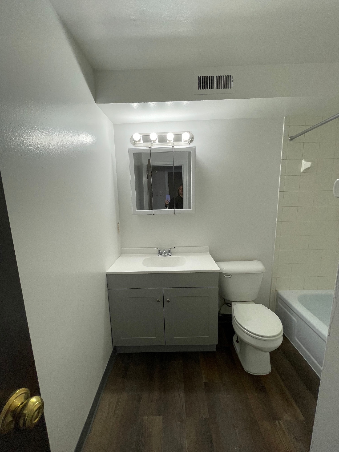 2020 Summit St. bright bathroom with grey vanity, white countertop, bathtub, and overhead mirror lights