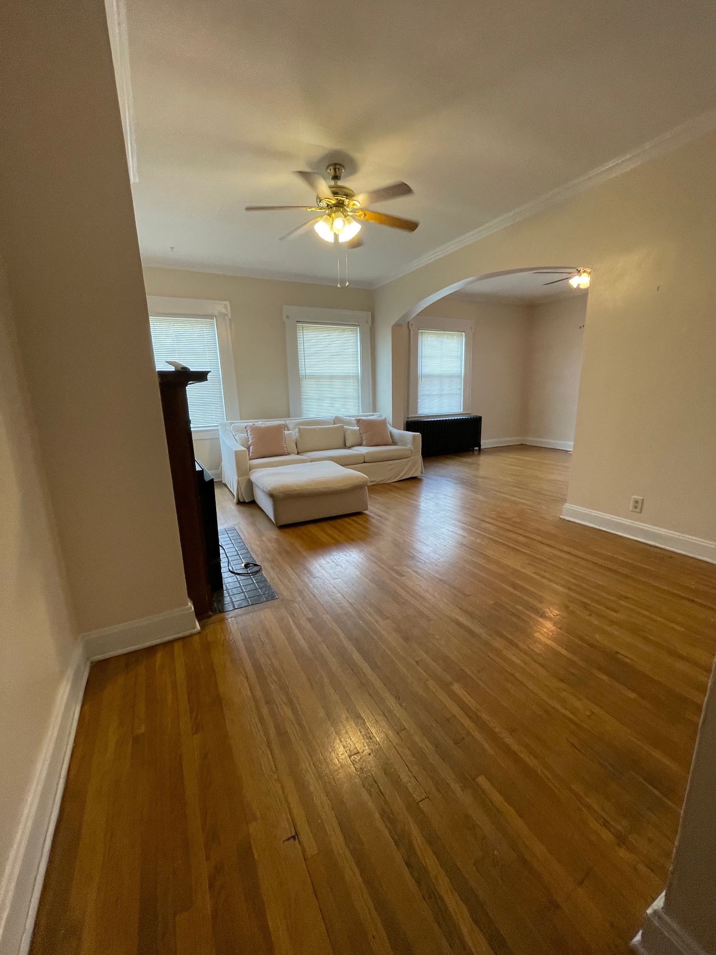 Unit E expansive living room with abundant windows and hardwood floors