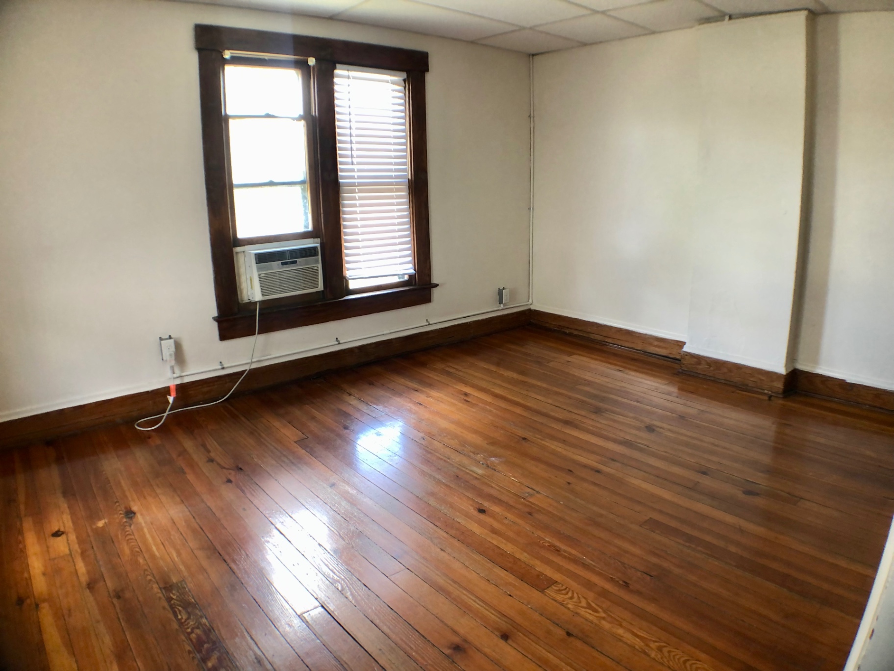 89 E Woodruff Ave. Unit A main room with refinished hardwood floors, bright window, and window AC
