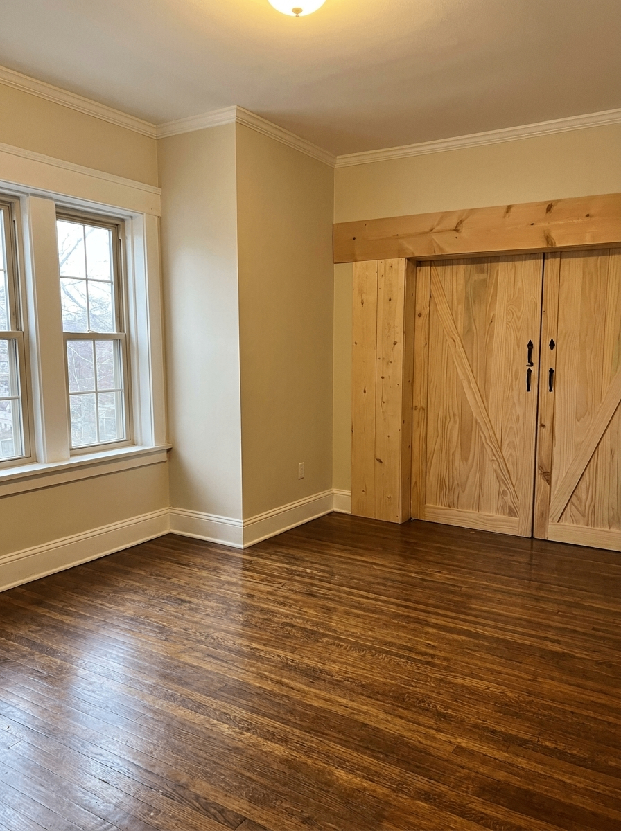 Unit H bedroom with tall windows and custom barn door closet