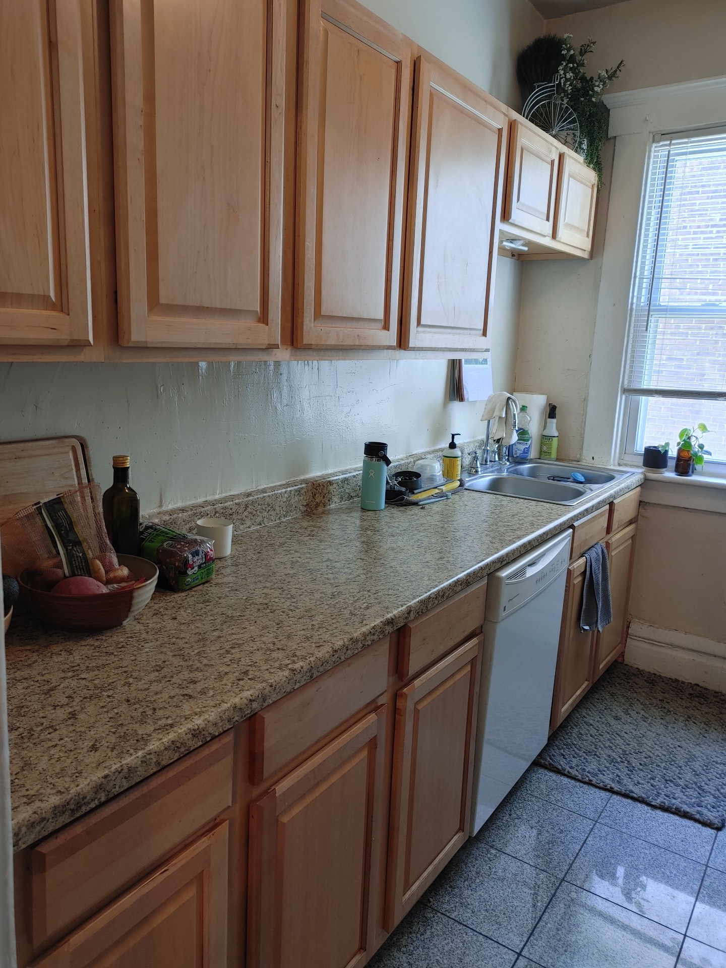 121 W 9th kitchen countertop and sink area with natural light from the side window