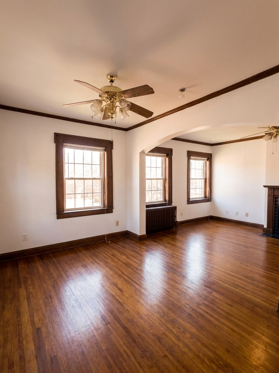 Unit C second bedroom with windows, fireplace, and ceiling fan