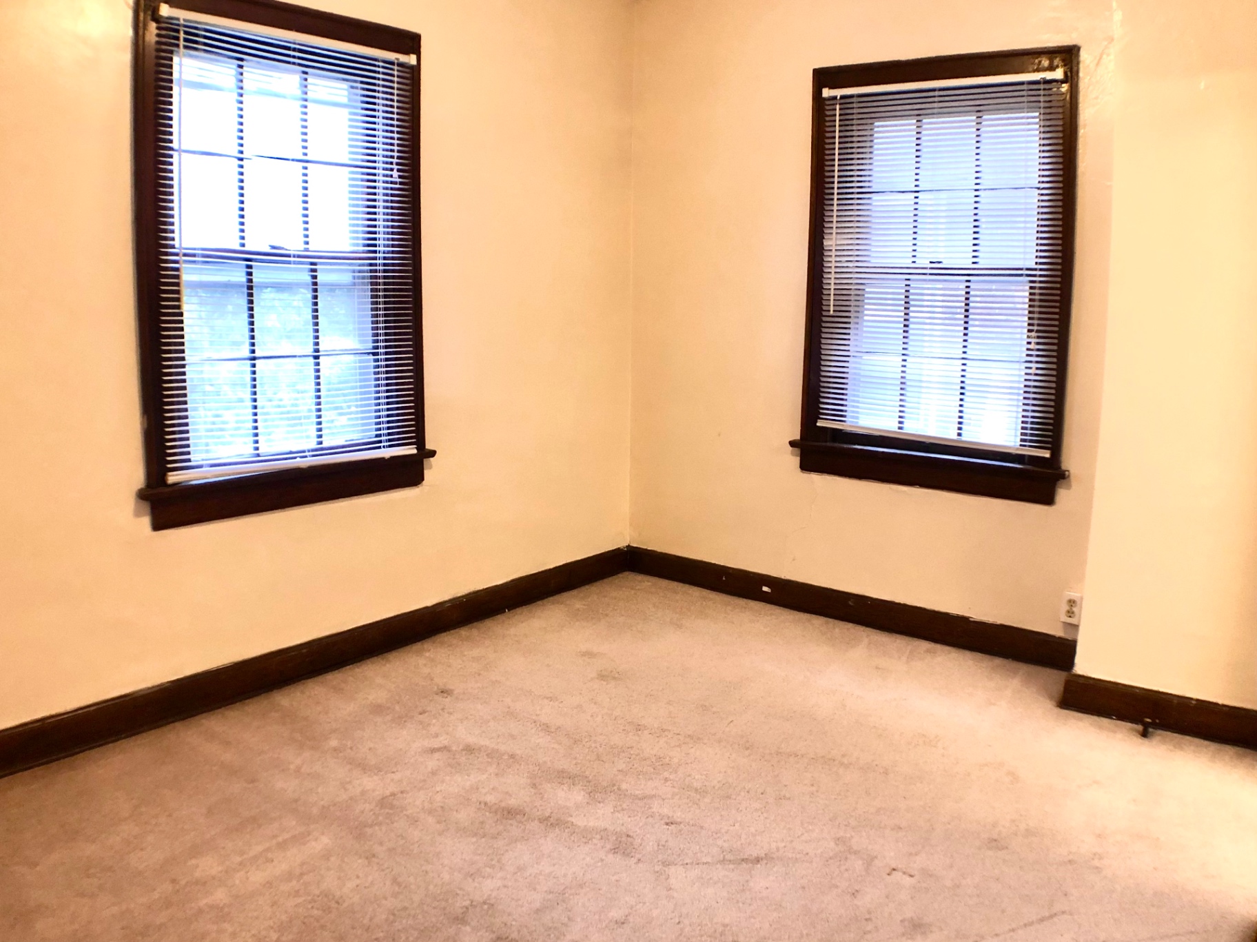 2054 Iuka Ave. D corner bedroom with two large windows and dark wood trim