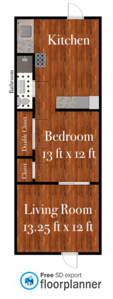 89 E Woodruff Ave. Unit 89 first-floor plan showing kitchen, bedroom, and living room layout