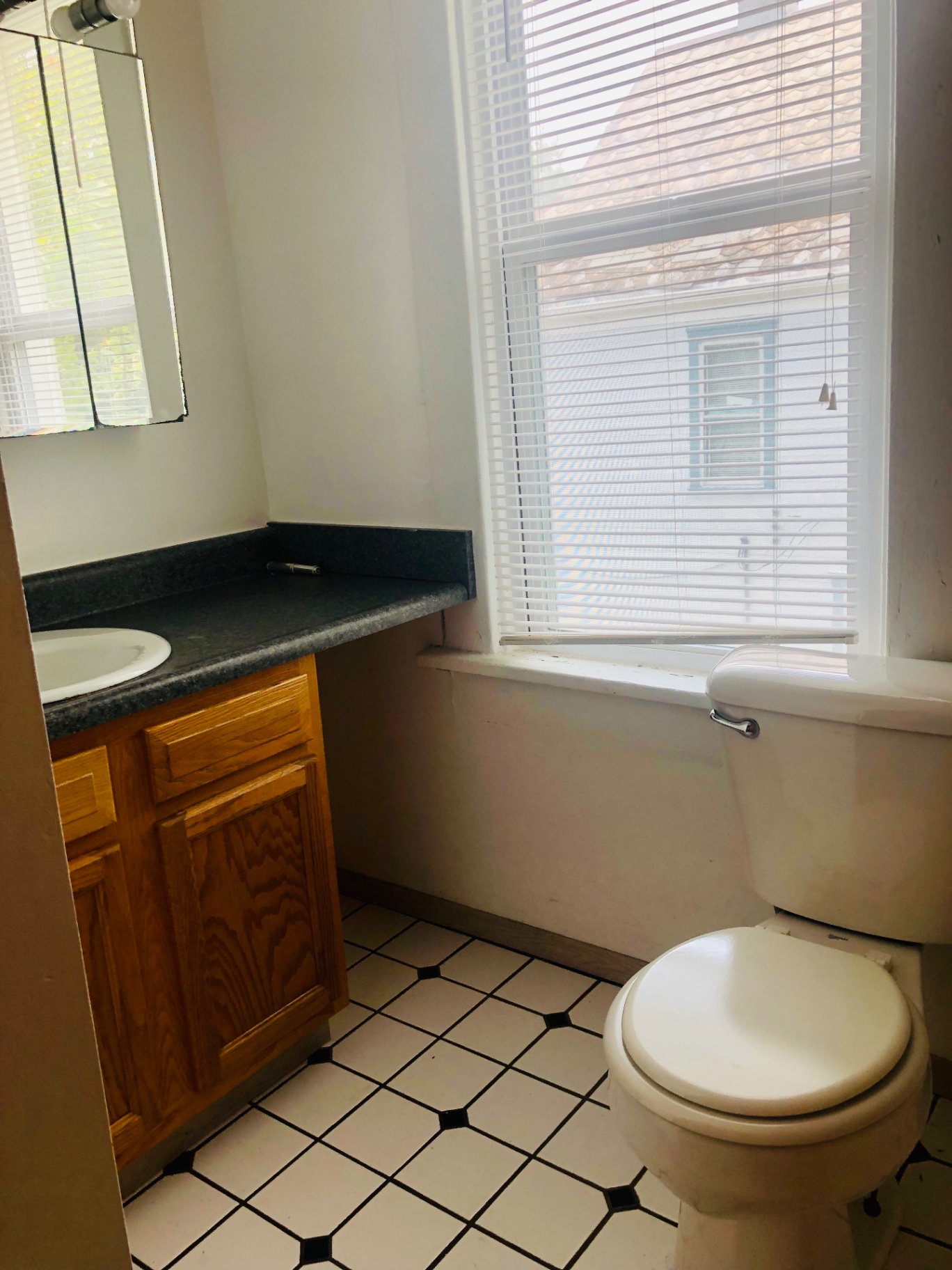 77 E Patterson Ave. bathroom with oak vanity, granite-style top, and large window